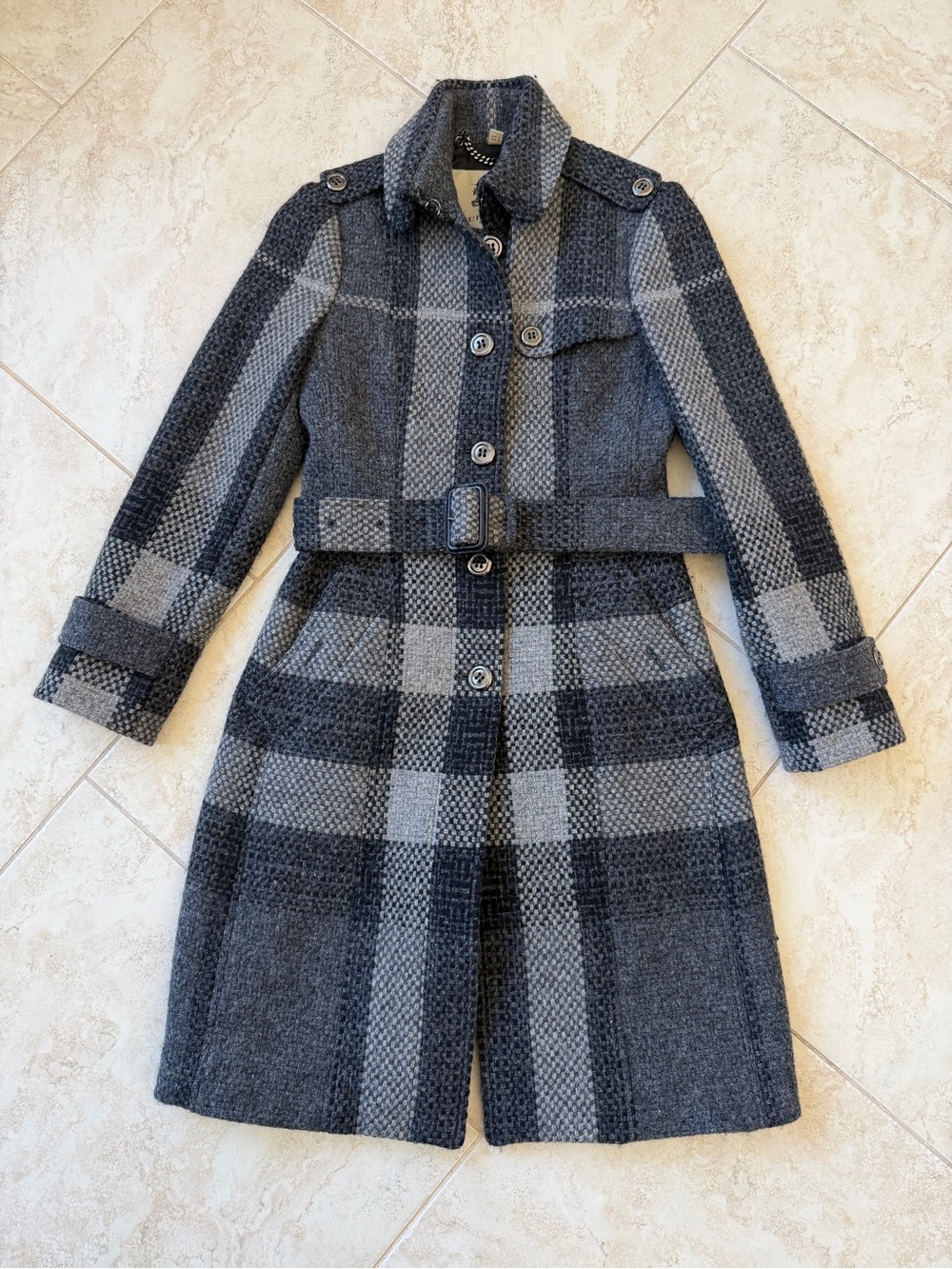 BURBERRY LONDON Plaid Belted Wool Women’s Trench Coat Winter Fall Jacket